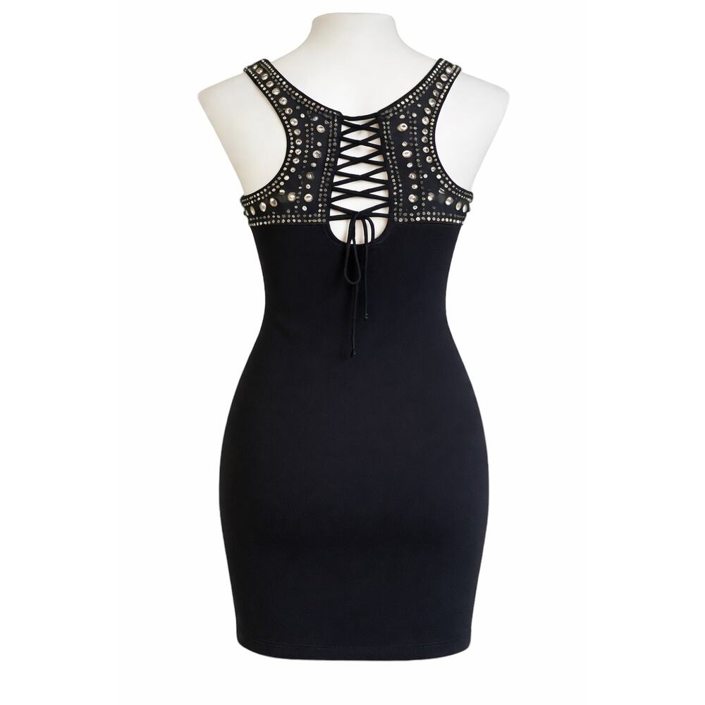 VTG Rampage Baddie Clubwear Black Mini Dress Lace Up Back Studded Edgy McBling
